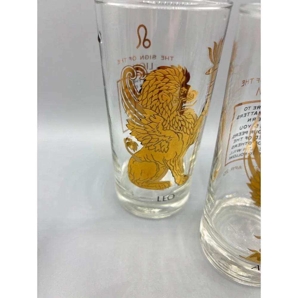 Vtg Set of 5 Gold‎ Zodiac Astrology Glasses Tumblers Barware 22 kt gold